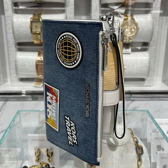 Michael Kors Jet Set Travel Lg Embellished Denim Wristlet Wallet Phone Patches - Picture 13 of 16